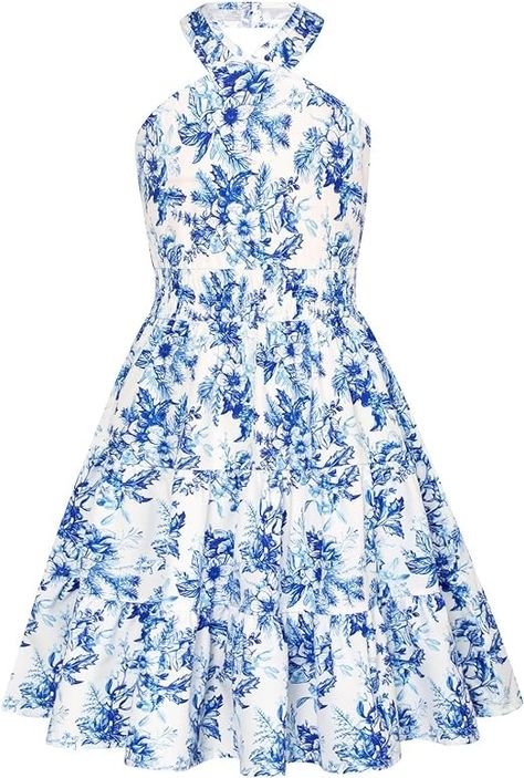 Amazon.com: GRACE KARIN Girl 2024 Spring Summer Dress Halter Neck Floral Easter Dress Sleeveless A-line Valentine Midi Dress Blue White 6Y: Clothing, Shoes & Jewelry Floral Easter Dress, Girls Summer Dress, Dress Halter Neck, Midi Dress Blue, Dress Off Shoulder, Dress Halter, Girls Dresses Summer, Easter Dress, Girls Wardrobe