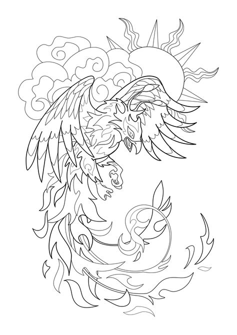 Coloring page : Phoenix and sun - Phoenix and sun. The phoenix shares the same symbolism of renewal as the sun: like the sun, which seems to burn in fire at every sunset to then raise again on the following day, thus the phoenix is said to consume in her own fire to be then reborn from her ashes. It is a popular symbol for tattoos, as it represents a period of struggle that leads to a new beginning, a rebirth that blooms past adversities, bringing a new start and a new life... Phoenix Coloring Pages, Japanese Phoenix Tattoo, Phoenix Drawing, Sun Coloring Pages, Fly Drawing, Tattoo Coloring Book, Phoenix Tattoo Design, Tattoo Outline Drawing, Japanese Dragon Tattoos