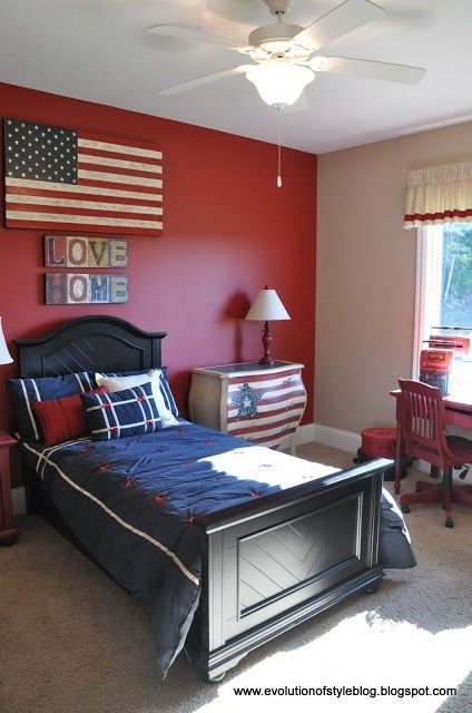 Homearama House Tour Day 1 Red Accent Wall Bedroom, Red White And Blue Bedroom, Red Kids Rooms, Red Boys Bedroom, Patriotic Bedroom, Boy Room Red, Boys Bedroom Makeover, Boy Bedroom Design, Red Room