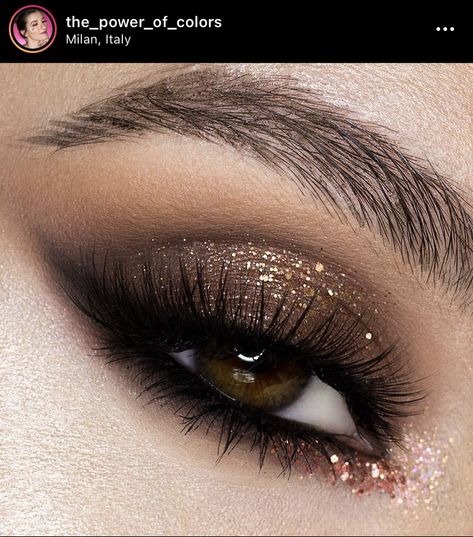 Brown Sparkle Eye Makeup, Black Gold Eyeshadow, Gold And Brown Eye Makeup, Fairy Eyeshadow, Black And Gold Eyeshadow, Miami Lights, Gold Eyeshadow Looks, Winter Eyeshadow, Revolution Palette