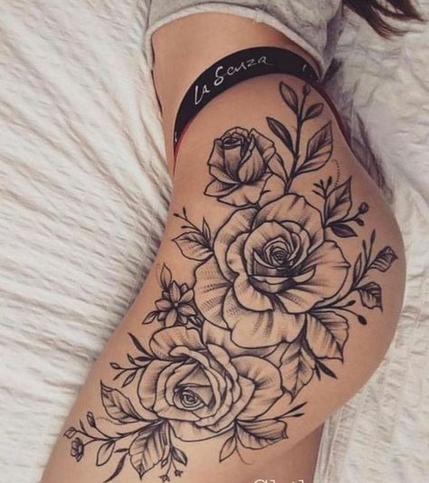 Roses Thigh Tattoo Women, Upper Thigh Rose Tattoo, Thigh Rose Tattoos Women, Flower Hip Tattoos Women, Thigh Tattoos Women Roses, Thigh To Hip Tattoo, Thigh Hip Tattoos Women, Rose Thigh Tattoos Women, Thigh Tattoo Flower