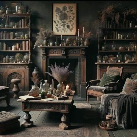 Olive Walls, Witchy Living Room, Dark Maximalism, Dark Cottagecore House, Room Reference, Painted Fireplace, Cottagecore House, Witchy House, Cottage Fireplace