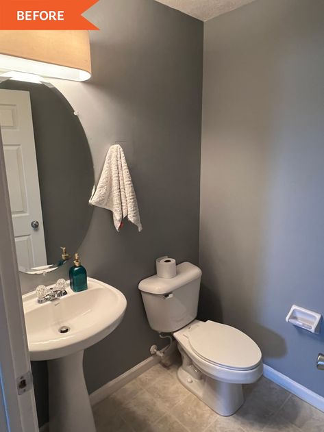 Before: gray bathroom with tiled floors Bathroom Wallpaper Grey, Bright Pink Bathroom, Pink Wallpaper Bathroom, Gray Wallpaper Bathroom, Paint Hardware, Pedestal Sink Bathroom, Small Bathroom Wallpaper, Dark Basement, Poppy Wallpaper