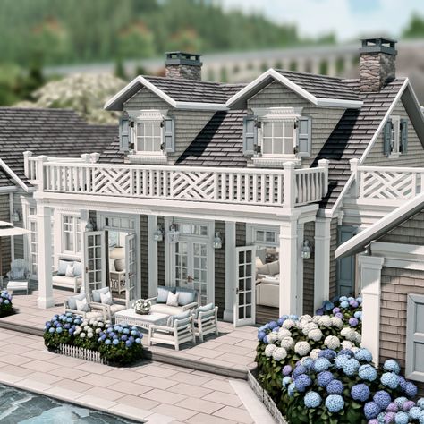 Sims 4 Seaside Cottage, The Sims 4 Coastal Cc, Coastal Sims House, Sims 4 Coastal House Interior, Hamptons Exterior House, Sims 4 New England, Sims 4 Costal House, Sims Coastal House, 30x20 Sims 4 House