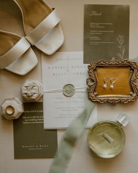 Some wedding day details 🤩 I loved the sage green and white colors for this July wedding 🤍 White And Green Wedding Flat Lay, Wedding Accessories Pictures, Green Wedding Detail Shots, Neutral And Sage Wedding, Flat Lay Ideas Wedding, Wedding Details Inspiration, Details Shot For Wedding, Details Wedding Picture, Wedding Detail Photos Ring Shots