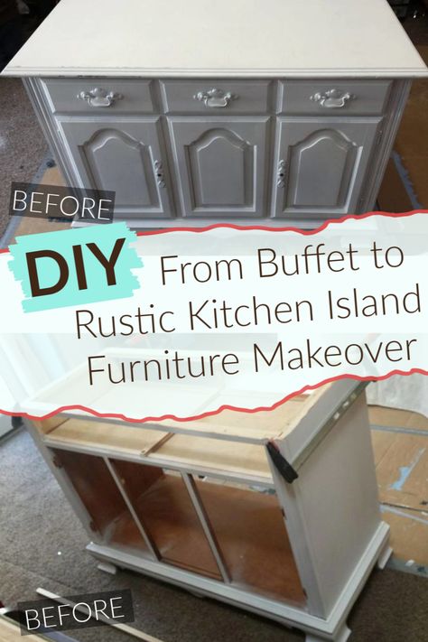 Repurpose and old buffet and turn it into a rustic kitchen island! Home decorations. The beauty of furniture makeovers is that you can customize them to reflect your personal style and home decor ideas. #howto #diy #diys #craft #crafts #crafting #handmade #homedecor #decor #makeover #makeovers #redo #repurpose #reuse #recycle #recycling #upcycle #upcycling #unique #furniture #furnituremakeover #furnitureredo #thrifting #thriftstore | sponsored Sideboard As Kitchen Island, Buffet Repurpose Ideas, Kitchen Island From Old Dresser, Buffet Into Kitchen Island, Repurposed Furniture For Kitchen, Antique Buffet Makeover, Eccentric Kitchen, Small Tv Cabinet, Rustic Island