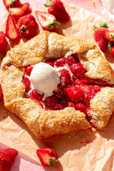 Strawberry Galette - Flouring Kitchen Raspberry Galette, Strawberry Galette, Strawberry Filling, Flaky Crust, Pastry Desserts, Apricot Jam, Pies & Tarts, Frozen Strawberries, French Food