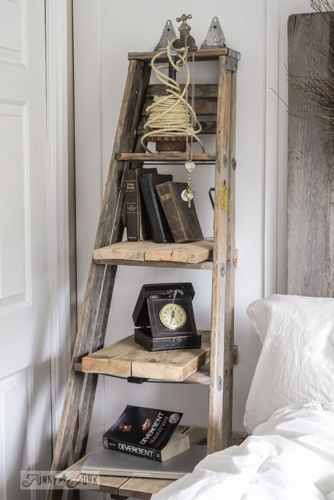 Make a stepladder side table with a full ladder and reclaimed planks via FunkyJunkInteriors.net Organized House, Old Ladder, Vintage Ladder, Rustic Ladder, Shelving Ideas, Funky Junk Interiors, Bedside Table Storage, Fabulous Diy, Wooden Ladder