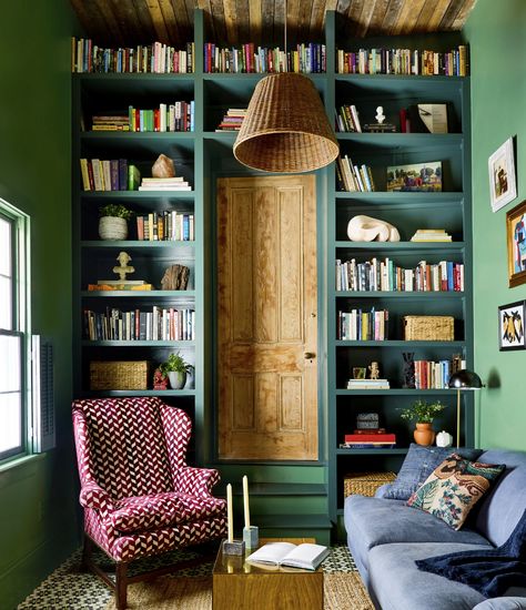 This New Orleans Home Has A Secret Passageway That You Have To See To Believe - Emily Henderson Bookcase Inspiration, Vintage Wingback Chair, Comfy Sectional, Styling Bookshelves, Airbnb Design, New Orleans Homes, Living Room Red, Red Chair, Design Rules