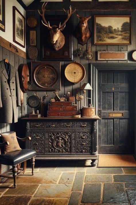 10 Essential Elements for Creating an English Country Style Entryway English Cabin Interior, Rustic Paneling Wall, 18th Century Home Decor, England Interior Design, Ralph Lauren Home Decor English Country, Country Inspired Bedroom, Entryway Ideas Antique, English Entryway Foyers, House Interior Dark Wood