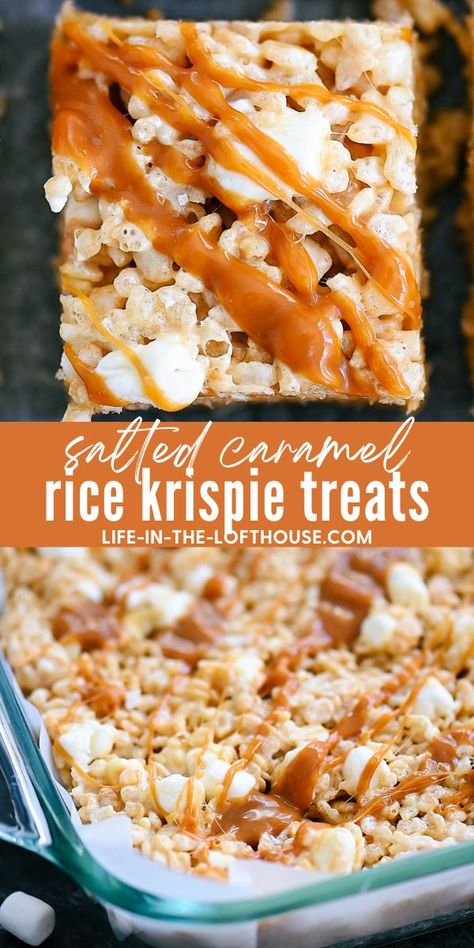 Salted Caramel Rice Krispie Treats are a satisfying twist on an all-time classic treat. America’s favorite crisp rice treat coated in marshmallows and swirls of salted caramel. Carmel Rice Crispy Marshmallow, Salted Caramel Rice Krispie Squares, Rice Crispy Fall Treats, Brown Butter Salted Caramel Rice Krispie Treats, Recipe Rice Krispie Treats, Fall Themed Rice Krispy Treats, Rolo Ritz Marshmallow Treats, Caramel Apple Rice Krispie Treats, Fruit Rice Krispie Treats