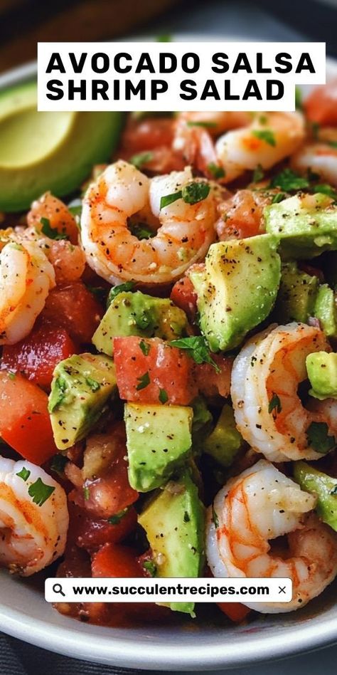 Packed with fresh shrimp, creamy avocado, and a tangy salsa mix, this salad is the perfect balance of flavors and textures! Shrimp Cocktail With Avocado, Shrimp Salad Meal Prep, Salad Dressing For Shrimp Salad, Dressing For Shrimp Salad, Seafood Salad Recipe With Crab Shrimp, Shrimp Salad Recipes Healthy, Meal Alternatives, Wrap Recipes For Lunch, Avocado Shrimp Salad