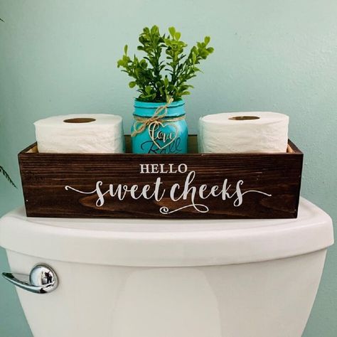 Wood Bathroom Storage, Toilet Tray, Diy Bathroom Storage Ideas, Paper Soap, Bathroom Storage Boxes, Wood Toilet, Diy Bathroom Storage, Hello Sweet Cheeks, Restroom Decor