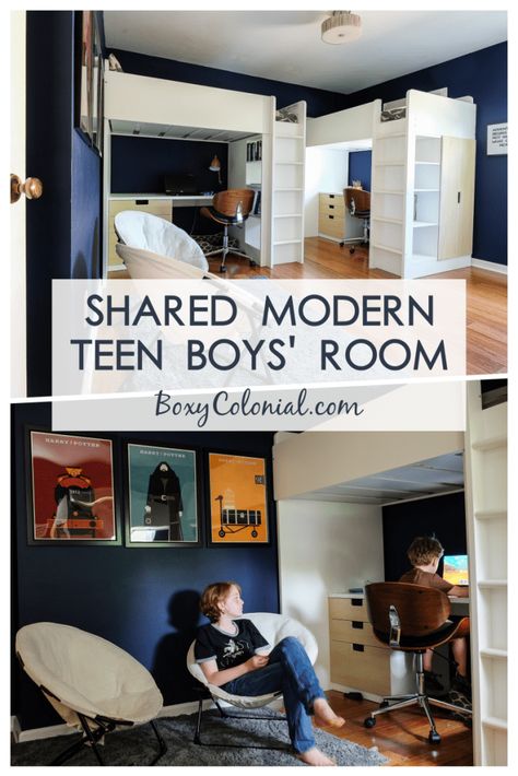 Bedroom Desk Chair, Ikea Loft, Ikea Loft Bed, Shared Boys Rooms, Boys Shared Bedroom, Kids Bedroom Boys, Teenage Boy Room, Teen Boy Room