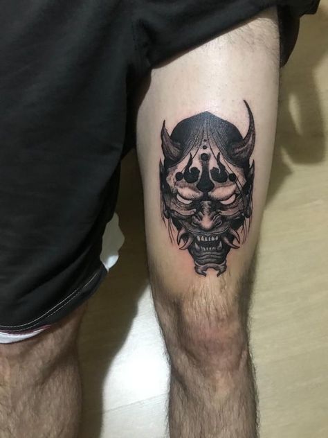 Omni Tattoo, Tattoo House, Traditional Snake Tattoo, Oni Mask Tattoo, Barcode Tattoo, Oni Tattoo, Hannya Mask Tattoo, Full Leg Tattoos, Circle Tattoos