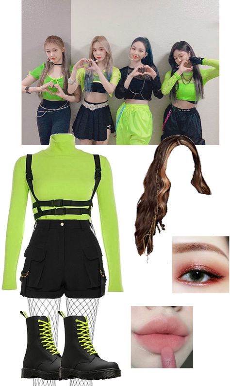 Neon Green Concert Outfit, Kpop Green Outfit, Neon Stage Outfits, Nct 127 Concert Outfit, Neon Green Outfit, Aespa Stage Outfits, Neon Outfit Ideas Party, Neon Outfits Party Night, Neon Outfits Party