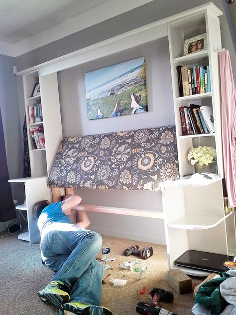 Installing the headboard Bookcase Headboard Decor, Bookshelf Headboard Diy, Bookshelves Headboard, Diy Headboard With Storage, Bookcase Headboard Queen, Bookcase Headboard King, Diy Wall Unit, Diy King Size Headboard, Creative Headboard