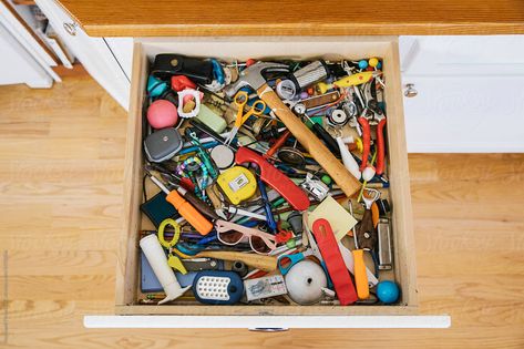 Stock Photo of Messy Junk drawer containing everything in Home by Raymond Forbes for Stocksy United #junkdrawer #messy #drawer Kitchen Junk Drawer, Junk Drawer Organizing, Fly Lady, Spice Organization Drawer, Match Jar, Spice Jar Labels, Organizing Challenges, Spice Drawer, Spice Labels