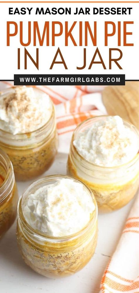 For the perfect easy fall mason jar dessert, this Pumpkin Pie in a Jar recipe is just what you need. Consisting of pumpkin puree and several other easy-to-find ingredients that you likely already have at home, this fall favorite is easy to make and delicious to taste. This pumpkin mason jar recipe is a tasty twist on the classic pumpkin pie recipe. This fall dessert is also a delicious Thanksgiving dessert recipe too. Pie In A Jar Recipe, Pumpkin Pie In A Jar, Easy Pumpkin Oatmeal, Gluten Free Desserts Thanksgiving, Easy Pumpkin Recipes Desserts, Delicious Thanksgiving Desserts, Classic Pumpkin Pie Recipe, Pie In A Jar, Mason Jar Recipe