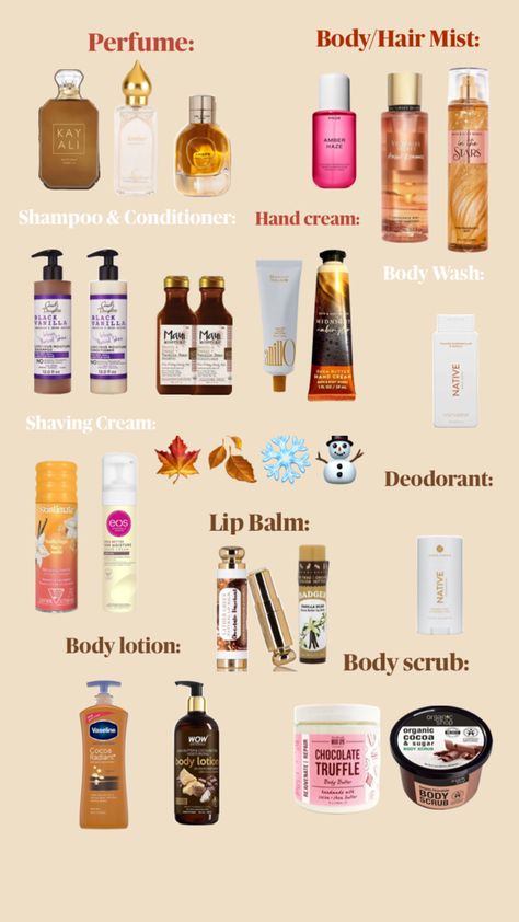 How to smell like Amber, chocolate, and vanilla this winter and fall/autumn includes perfumes, body and hair mist lotion deodorant shaving cream body scrub body wash shampoo and conditioner lip balm hand cream. Natural Body Scrub, Eos Lip Balm, Shea Butter Hand Cream, Makeup Accesories, Basic Skin Care Routine, Cream Body, Hair Mist, Best Shampoos, Beauty Skin Care Routine