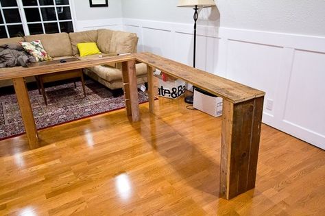 What about a U-shaped sofa table to wrap around couch? Corner Sofa Table, Behind Sofa Table, Rustic Sofa Tables, Sofa Table Decor, Table Behind Couch, Diy Pallet Sofa, Diy Console Table, Behind Couch, Rustic Sofa