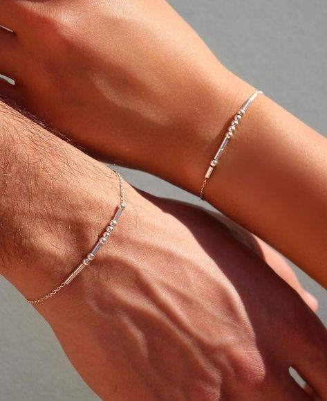 Morse Code Couple Bracelet, Silver Couple Bracelets, Bracelet Couple Aesthetic, Couple Bracelets Aesthetic, Matching Bracelets For Couples, Bracelet Morse Code, Bracelet Morse, Suits For Women Indian, Morse Code Jewelry