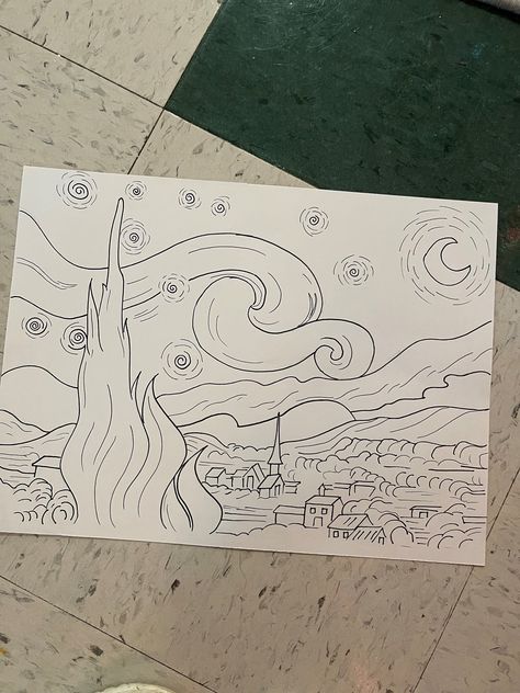 Hand drawn image of Van Gogh's Starry Night. Night Van Gogh, Van Gogh Starry Night Drawing, Starry Night Drawing Tutorial, A Starry Night Painting, Drawings For Painting Sketch, Van Gogh Sketches Drawings, How To Draw Van Gogh Starry Night, Starry Nights Drawing, Things To Draw On Dry Erase Board