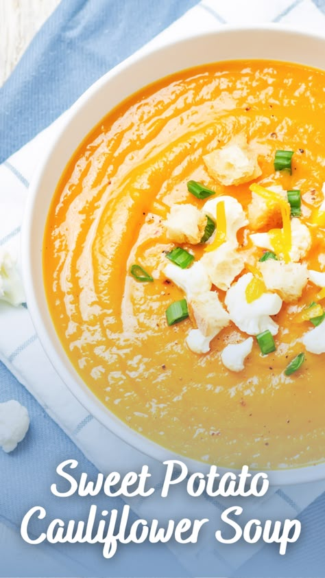 Soups Using Cauliflower, Sweet Potato And Cauliflower Soup, Squash Cauliflower Soup, Taste Of Home Cauliflower Soup, Soups With Cauliflower, Frozen Cauliflower Soup Recipes, Sweet Potato Cauliflower Soup, Riced Cauliflower Soup, Crockpot Cauliflower Soup