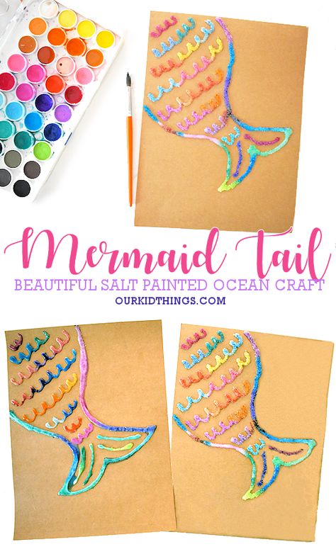 Salt Paint Mermaid Tail with Free Printable Template Summer Craft for Kids Salt Painting Mermaid Tails Craft, Mermaid Tail Craft Preschool, Mermaid Learning Activities, Mermaid Art For Preschool, Mermaid Toddler Craft, Easy Mermaid Craft, Mermaid Tail Template Free Printable, Mermaid Art Projects For Kids, Mermaid Crafts For Toddlers