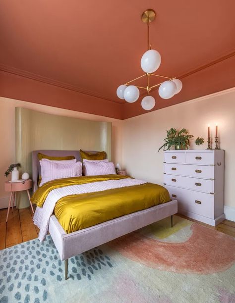 West Elm Bedroom, Rugs Layout, Bedroom Reveal, Painted Ceiling, Spare Room, Boho Living Room, Pink Walls, Bedroom Inspo, Bed Room