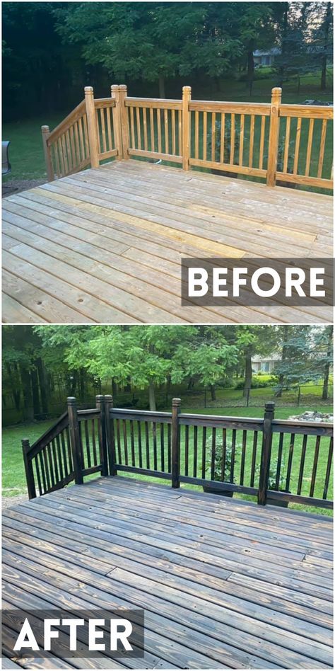 DIY Burnt Wood Deck- how to stain your outdoor deck. Beautiful diy project for summer time. Farmhouse deck idea. Best Way To Stain A Deck, Back Deck Diy Ideas, Black Wood Stain Outdoor, Repainting Deck Wood, Black Stain Porch, Old Deck Makeover Diy, Deck Painting Ideas Wood, Stained Deck Ideas, Burnt Wood Projects