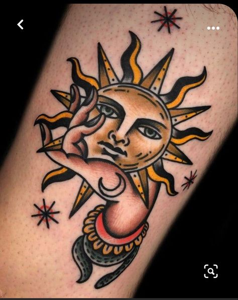 Traditional Sun Tattoo, Tattoo Main, Traditional Tattoo Inspiration, Sun And Moon Tattoo, Traditional Style Tattoo, Traditional Tattoo Sleeve, Sun Tattoos, Old School Tattoo Designs, Traditional Tattoo Design