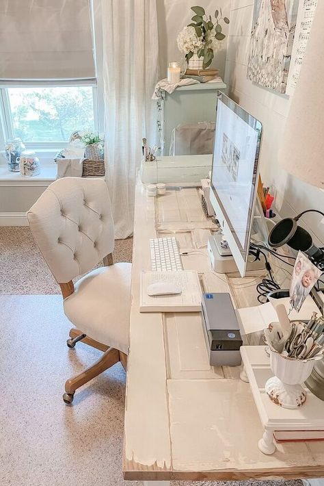 Home Office Inspiration Desk In Middle, Shabby Chic Home Office, Floral Office Decor, Desk Not Against Wall, Stripped Furniture, Old Door Desk, Country Office Decor, French Country Office, Farmhouse Home Office