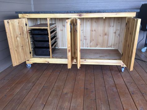 Grill Storage Cabinet, Grill Cart Ideas, Grill Prep Station Outdoor Diy, Outdoor Food Prep Table, Grill Cabinet Outdoor Diy, Outdoor Kitchen Accessories, Grill Storage Ideas, Outdoor Cabinet Diy, Diy Grill Cart