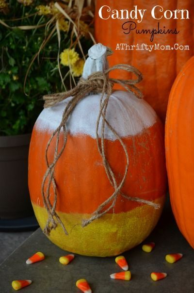 Candy Corn Pumpkin, easy way to decorate a pumpkin without carving it #PumpkinIdeas, Perfect for Kids, #Halloween, #CandyCorn Decorate A Pumpkin, Easy Pumpkin Decorating, Pumpkin Easy, Candy Corn Pumpkin, Harvest Thyme, Centrepiece Ideas, Patch Party, Creative Pumpkin Decorating, Fall Goodies