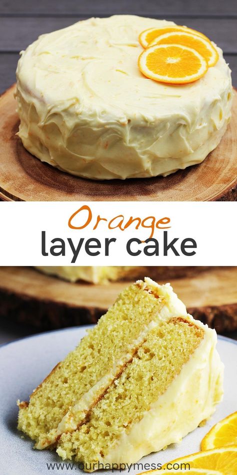 This easy, moist, tender, flavorful orange layer cake recipe is made from scratch with fresh orange juice and zest and is frosted with a tangy orange cream cheese icing. #cake #dessert #birthdaycake #oranges Orange Layer Cake Recipe, Citrus Cake Recipe, Orange Cream Cheese Icing, Orange Flavoured Cake, Orange Desserts, Orange Layer Cake, Orange Cream Cheese, Citrus Cake, Butter Cream Cheese Frosting