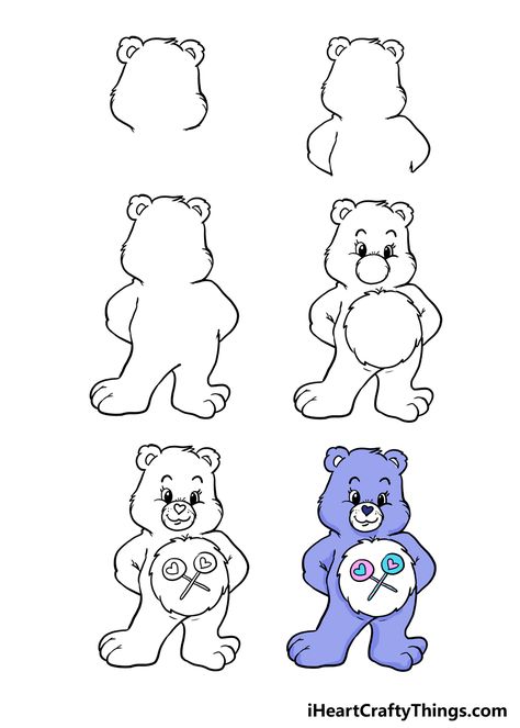 Drawing Care Bears, Easy Care Bear Drawing, How To Draw Care Bears, Care Bears Sketch, Care Bare Drawing, Care Bear Drawing Step By Step, Carebear Drawings Easy, Care Bears Drawing Easy, Care Bear Nail Art Step By Step