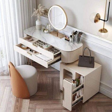 Dressing Table Designs ✨️ #dressingtabledesign #dressingroom #dressingtable #dressingtabledecor #homedesignsdworld #viralpost #fypシ゚viralシ2024fyp #explorepage Dressing Table With Drawers, Dressing Table Storage, Rice White, Dressing Table Design, Makeup Table Vanity, Dressing Table Set, Bedroom Vanity, Dressing Table Mirror, Sintered Stone