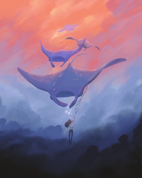 manta rays, Szonja Gyetvai on ArtStation at https://www.artstation.com/artwork/rRKOAm Yuumei Art, Fall Wallpapers, Manta Rays, Manta Ray, Wow Art, Above The Clouds, Ocean Art, Pics Art, Surreal Art