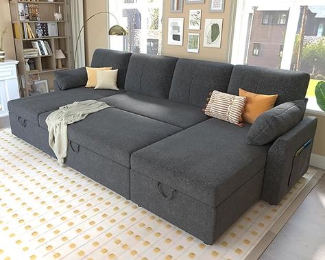 Sleeper Sofa, 110 inch Overisze Sofa Bed- 2 in 1 Pull Out Couch Bed, Sectional Sleeper Sofa with Double Storage Chaise for Living Room, Grey Chenille Couch Pullout Couch, Pull Out Couch Bed, Bed Mechanism, Linen Couch, Sleeper Couch, Living Room Furniture Styles, Pull Out Couch, Storage Chaise, Pull Out Bed