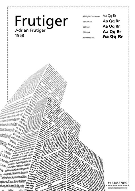 Adrian Frutiger Book Typography Design, Frutiger Font, Perspective Typography, Interesting Typography, Adrian Frutiger, Book Typography, International Typographic Style, Typeface Poster, Typographic Layout