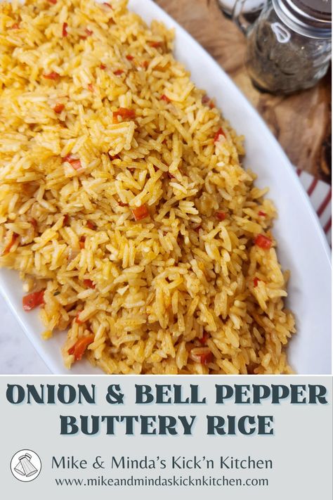 Are you in need of an easy side that goes great with any meal? Our Onion and Bell Pepper Buttery Rice is a must for dinner tonight. #dinnerparty #easydinnerrecipes #foodrecipes #pornfood #mealinspo #summersidedishes #springsidedishes #grilledchickensides #kicknkitchen Rice And Bell Pepper Recipe, Rice Bell Pepper Recipe, Roasted Red Pepper Rice, Rice Peppers And Onions, Bell Pepper And Onion Recipes, Healthy Jasmine Rice Recipes, Peas Rice Recipes, Rice Sides For Fish, Rice And Peppers Recipes