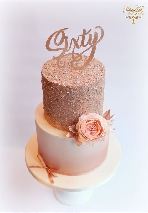 Rose gold glittery birthday cake with airbrushed ombre tier. Rose Gold Two Tier Cake, Rose Gold 60th Birthday Cake, Rose Gold Birthday Cake Ideas, 60th Birthday Cake For Mom Elegant, Rose Gold Birthday Cake For Women, Cake For 60th Birthday For Women, 60th Birthday Ideas For Mom Cake, Rose Gold Birthday Cakes, 60th Bday Cake For Mom