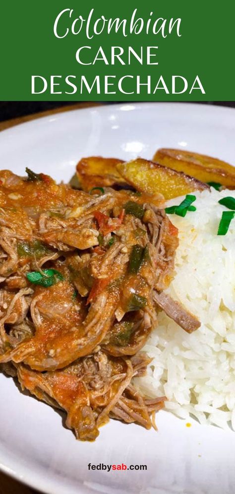 Plate with Carne Desmechada, or Colombian Shredded Beef on a white plate with rice and plantains Essen, Columbian Recipes, Colombian Dishes, South American Recipes, Latin American Recipes, Colombian Food, Hispanic Food, Shredded Beef, Beef Stew Recipe