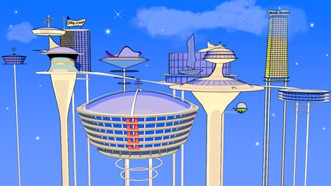 Jetson's Buildings #2 Googie Aesthetic, Jetsons House, The Jetsons Aesthetic, Jetsons Aesthetic, Retro Futurism Architecture Exterior, Retro Futuristic Building, Atom Punk, Futurisme Retro, Googie Architecture