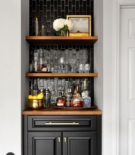 How To Set Up A Home Bar - Wondafox Wet Bar Ideas With Sink Nook, Bar In Alcove Built Ins, Simple Bar Design For Home, Home Bar Niche, Old Wet Bar Makeover, Closet To Bar Ideas, Small Nook Bar Ideas, Closets Turned Into Bars, Mini Bar Shelves