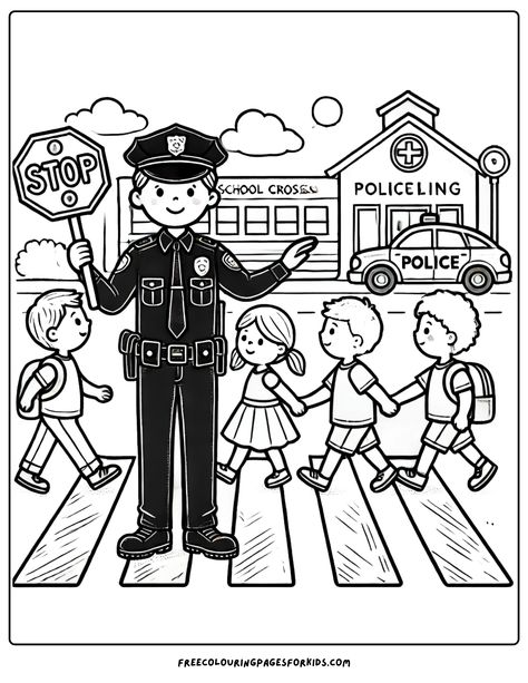 a Police Officer at a School Crossing Safety Coloring Pages, Junior Detective, Safety Week, Free Kids Coloring Pages, Classic Blues, Kid Coloring Page, Coloring Sheets For Kids, Everyday Heroes, Coloring Pictures