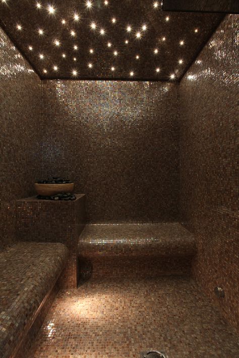 Lighting design by John Cullen Lighting Sauna Lighting, Fiber Optic Star Ceiling, Home Spa Room, Bathroom Design Black, Fiber Optic Lighting, Sauna Design, Star Ceiling, Steam Sauna, Steam Bath