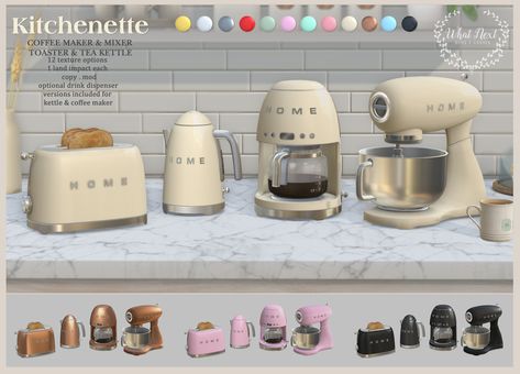 https://flic.kr/p/2heDzrY | {what next} Kitchenette Small Appliances For Fifty Linden Friday | For Fifty Linden Friday at What Next! Sold as 2 separate sets:  * Toaster + Tea Kettle ----------------------------------  * Coffee Maker & Mixer  12 colour options/ 1 land impact per piece / copy/mod  Optional dispenser versions included for coffee maker (gives out a mug of coffee) and kettle  (gives out a mug of tea) - temp attach props either drinking or just hold mug Sims 4 Maxis Match Appliances, Sims 4 Functional Tea Pot, Sims 4 Cc Tea Maker, Sims 4 Cc Functional Toaster, Coffee Maker Sims 4 Cc, Sims 4 Functional Coffee Machine, Sims 4 Functional Toaster, Sims 4 Kettle Cc, Ts4 Cc Appliances