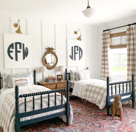 Bedroom With Twin Beds, Monogram Bedroom, Twin Boys Room, Bed Frame Ideas, Little Boys Bedroom, Batten Walls, Shared Boys Rooms, Boys Shared Bedroom, Big Boy Bedrooms